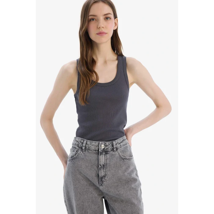 Defacto A1665 Antrasit Fitted U Yaka Basic Düz Fitilli Kaşkorse Atlet