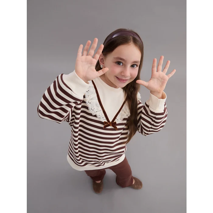 LCW Kids Kahverengi Bebe Yaka Çizgili Kız Çocuk Sweatshirt ve Tayt 2li