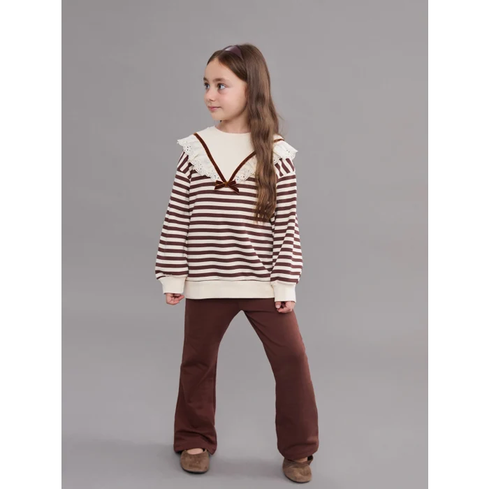 LCW Kids Kahverengi Bebe Yaka Çizgili Kız Çocuk Sweatshirt ve Tayt 2li