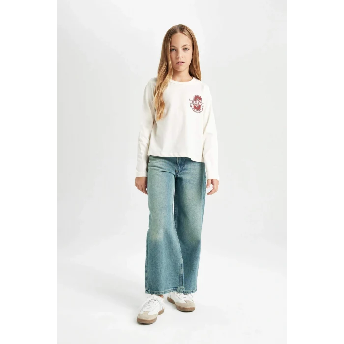 Defacto D4270 Ekru Kız Çocuk Relax Fit Bisiklet Yaka Baskılı Uzun Kollu Okul Tişörtü