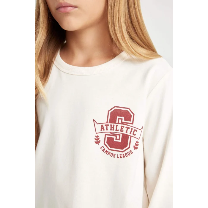 Defacto D4270 Ekru Kız Çocuk Relax Fit Bisiklet Yaka Baskılı Uzun Kollu Okul Tişörtü