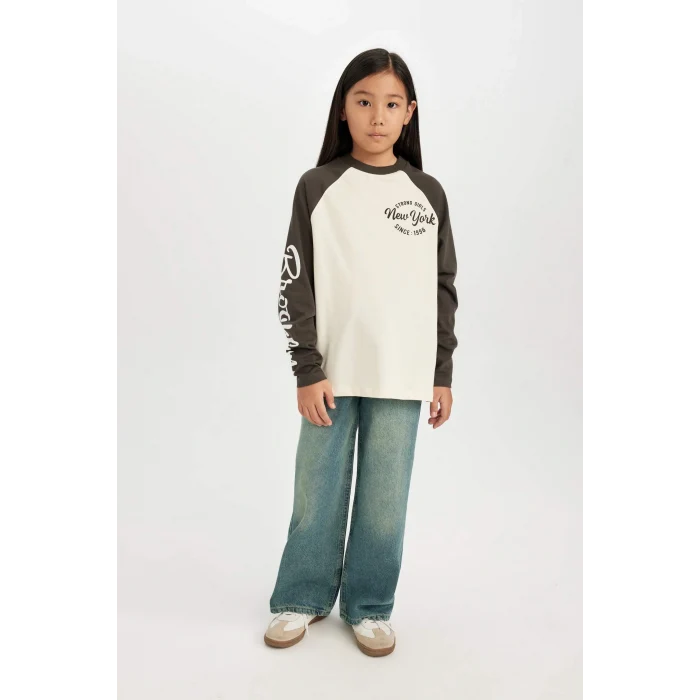 Defacto D2888 Ekru Kız Çocuk Oversize Geniş Kalıp Bisiklet Yaka Baskılı Uzun Kollu Tişört