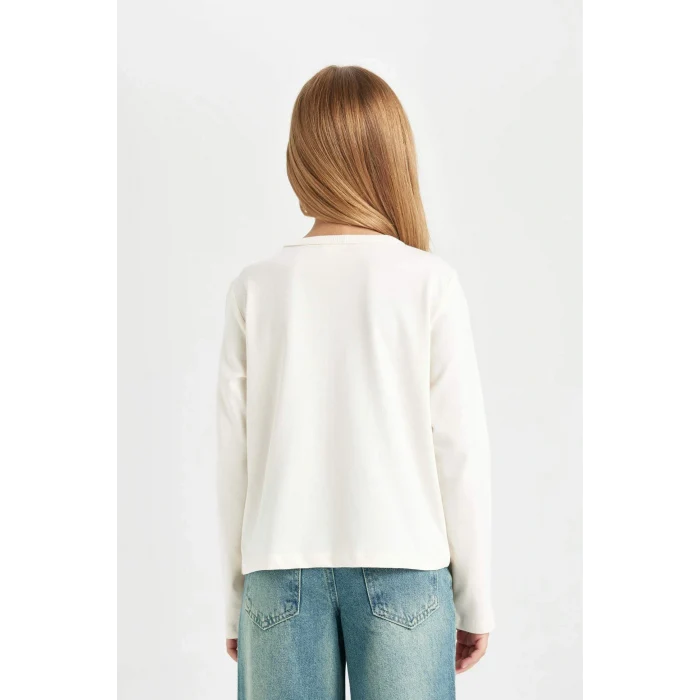 Defacto D4270 Ekru Kız Çocuk Relax Fit Bisiklet Yaka Baskılı Uzun Kollu Okul Tişörtü