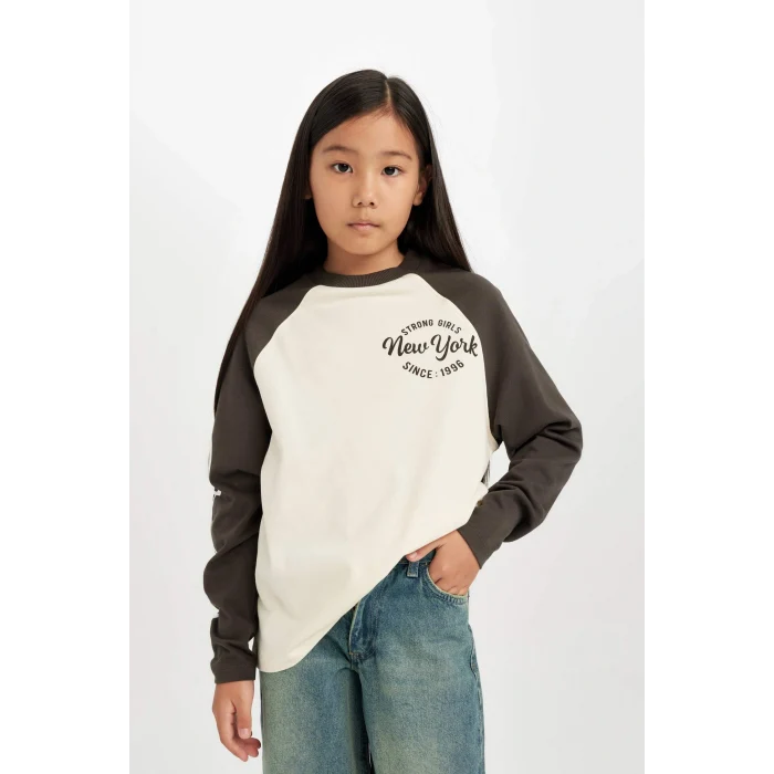 Defacto D2888 Ekru Kız Çocuk Oversize Geniş Kalıp Bisiklet Yaka Baskılı Uzun Kollu Tişört