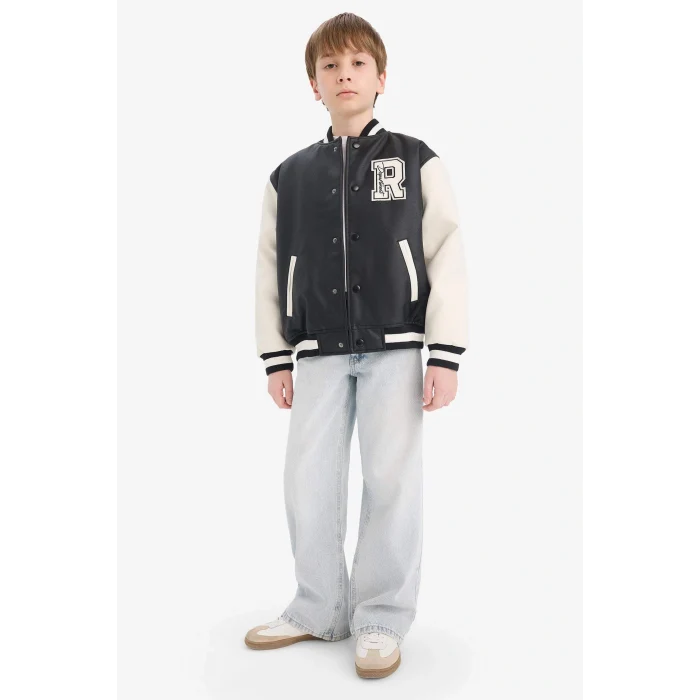 Defacto C7088A8BK27 Siyah Erkek Çocuk Okul Su Geçirmez Kolej Yaka Fermuarlı Çift Cepli Mevsimlik Suni Deri Bomber Mont Ceket