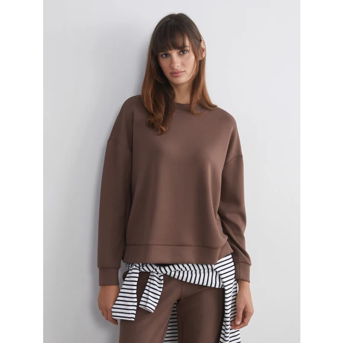 LCW Vision Kahverengi Bisiklet Yaka Oversize Kadın Sweatshirt