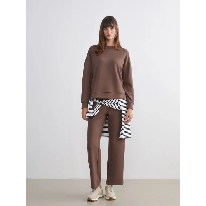 LCW Vision Kahverengi Bisiklet Yaka Oversize Kadın Sweatshirt