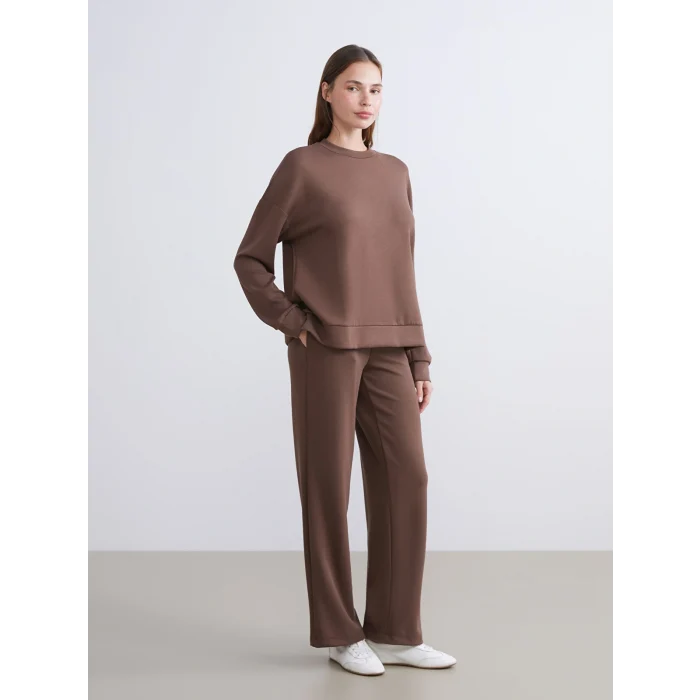 LCW Vision Kahverengi Bisiklet Yaka Oversize Kadın Sweatshirt