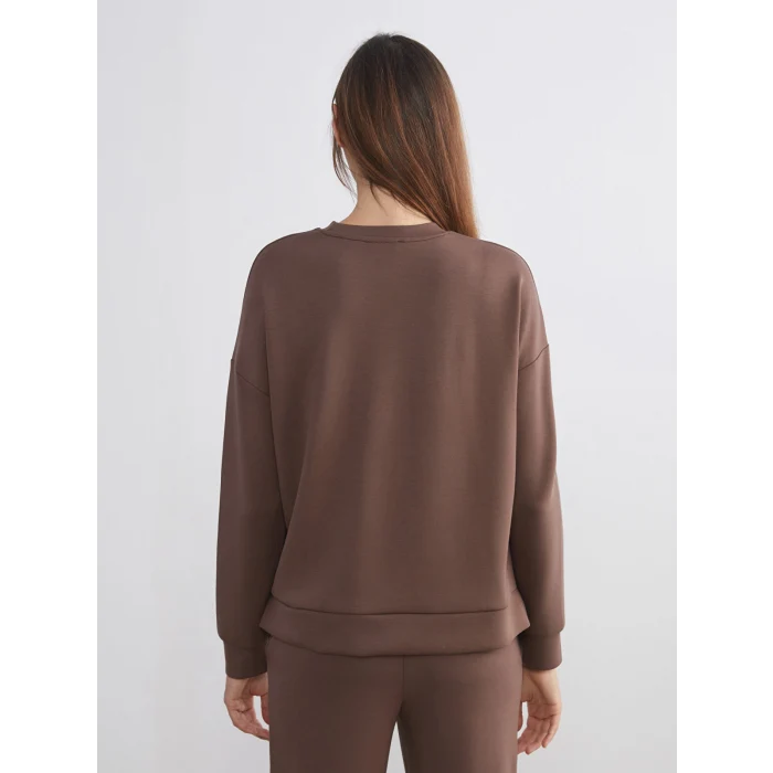 LCW Vision Kahverengi Bisiklet Yaka Oversize Kadın Sweatshirt