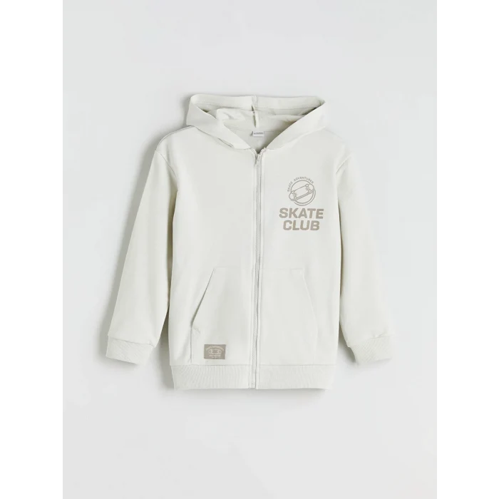 LCW Kids Gri Kapüşonlu Baskılı Erkek Çocuk Fermuarlı Sweatshirt