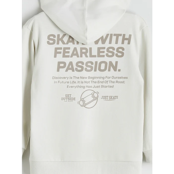 LCW Kids Gri Kapüşonlu Baskılı Erkek Çocuk Fermuarlı Sweatshirt