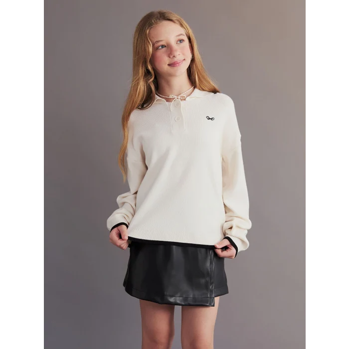 LCW Kids Ekru Polo Yaka Kız Çocuk Kazak