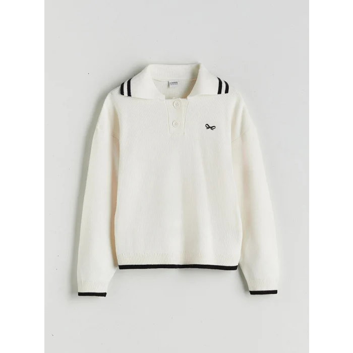 LCW Kids Ekru Polo Yaka Kız Çocuk Kazak