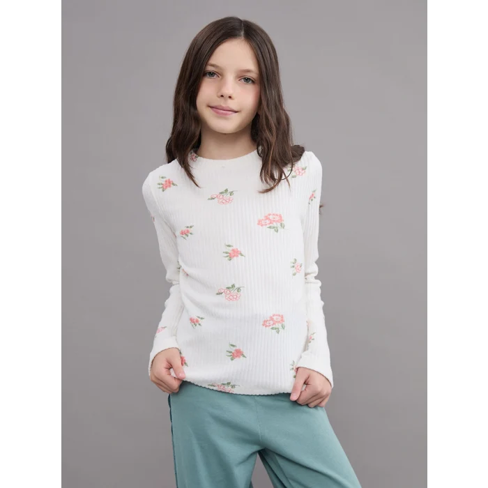 LCW Kids Ekru Bisiklet Yaka Çiçekli Kız Çocuk Tişört