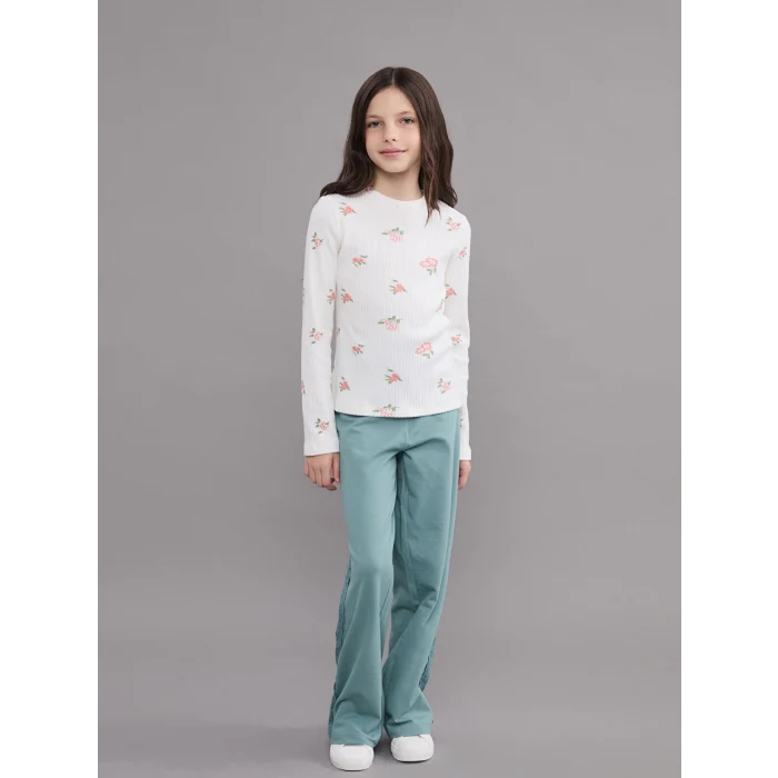 LCW Kids Ekru Bisiklet Yaka Çiçekli Kız Çocuk Tişört