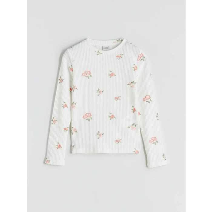 LCW Kids Ekru Bisiklet Yaka Çiçekli Kız Çocuk Tişört