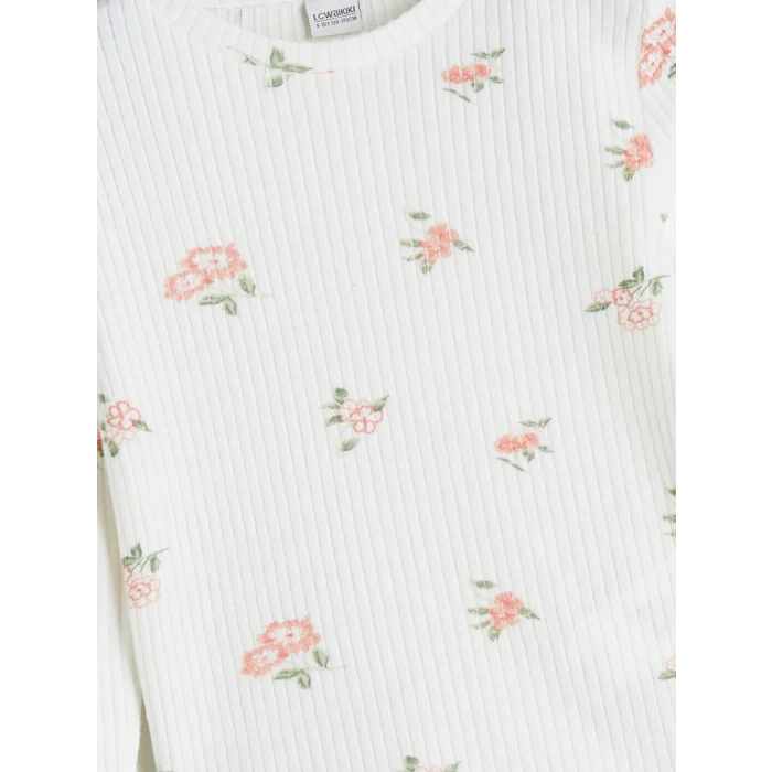 LCW Kids Ekru Bisiklet Yaka Çiçekli Kız Çocuk Tişört
