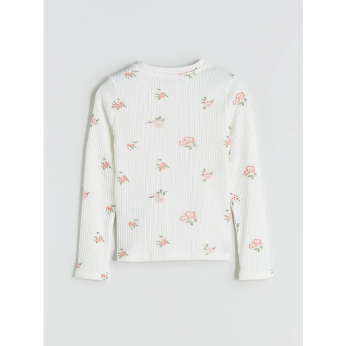LCW Kids Ekru Bisiklet Yaka Çiçekli Kız Çocuk Tişört