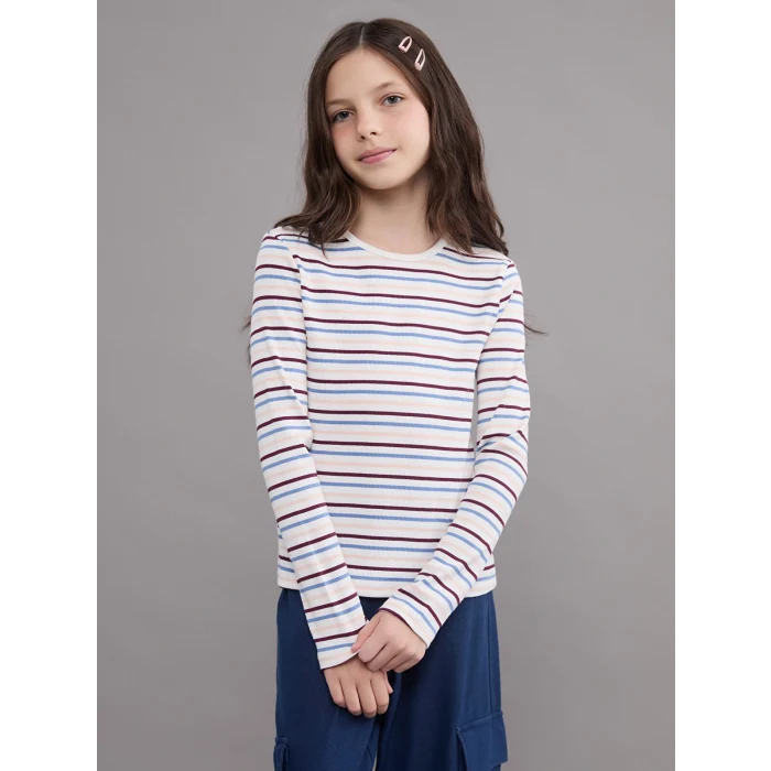 LCW Kids Karışık Bisiklet Yaka Çizgili Kız Çocuk Tişört