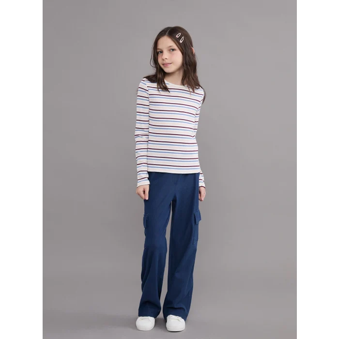 LCW Kids Karışık Bisiklet Yaka Çizgili Kız Çocuk Tişört