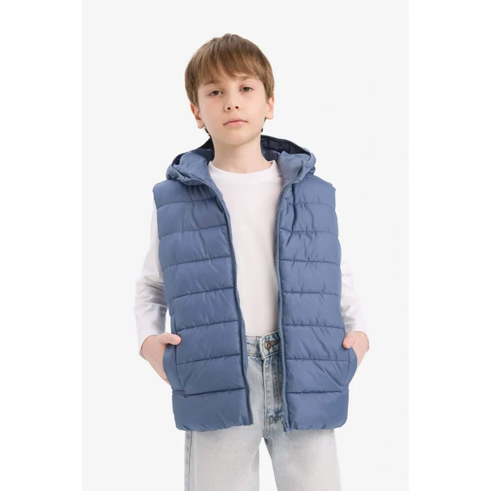 Defacto E7497A8GR171 Gri Erkek Çocuk Su Geçirmez Kapüşonlu Fermuarlı Şişme Yelek