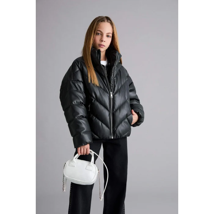 Defacto F0054A8BK27 Siyah Kız Çocuk Dik Yaka Fermuarlı Şişme Mont