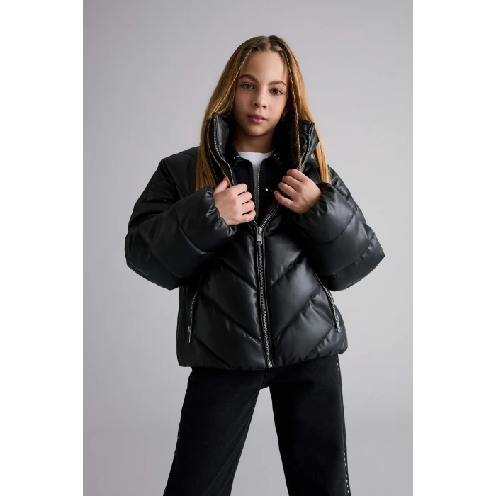 Defacto F0054A8BK27 Siyah Kız Çocuk Dik Yaka Fermuarlı Şişme Mont