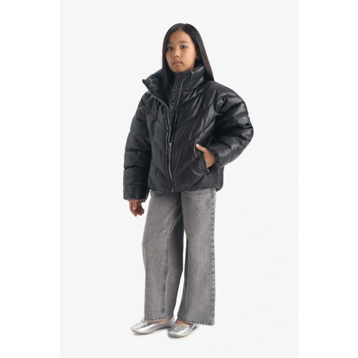 Defacto F0054A8BK27 Siyah Kız Çocuk Dik Yaka Fermuarlı Şişme Mont