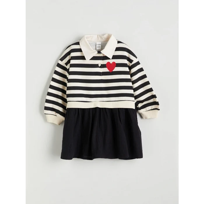 LCW Kids Ekru Gömlek Yaka Çizgili Kız Çocuk Sweat Elbise