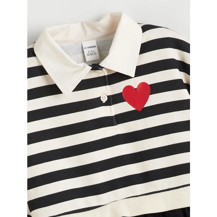 LCW Kids Ekru Gömlek Yaka Çizgili Kız Çocuk Sweat Elbise