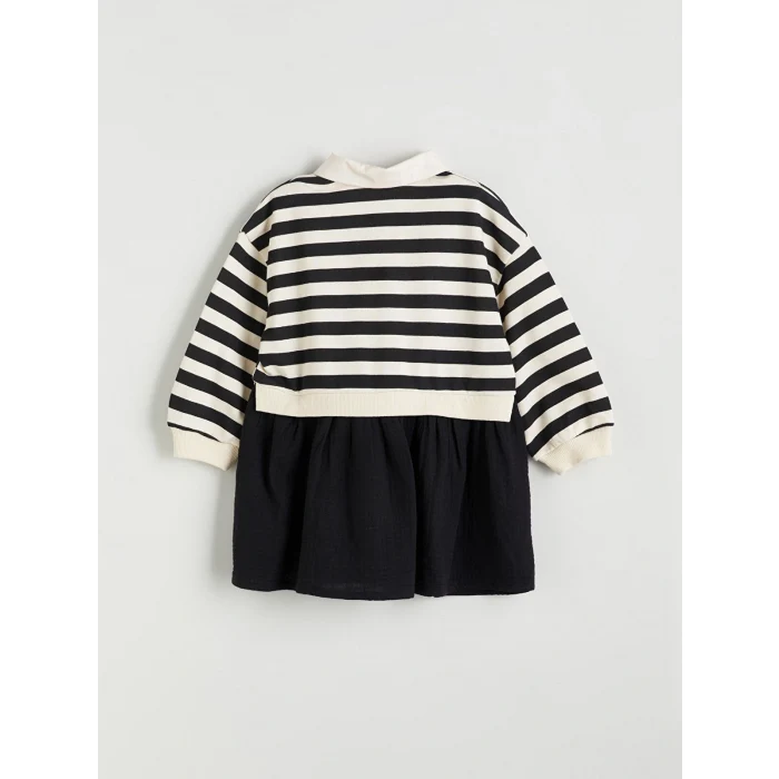 LCW Kids Ekru Gömlek Yaka Çizgili Kız Çocuk Sweat Elbise