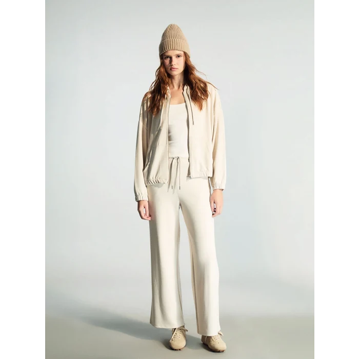 XSIDE Bej Kapüşonlu Oversize Kadın Fermuarlı Sweatshirt