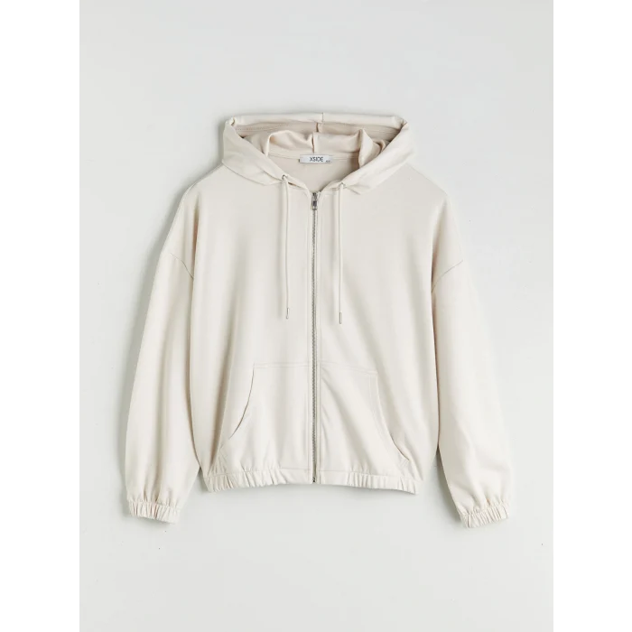 XSIDE Bej Kapüşonlu Oversize Kadın Fermuarlı Sweatshirt