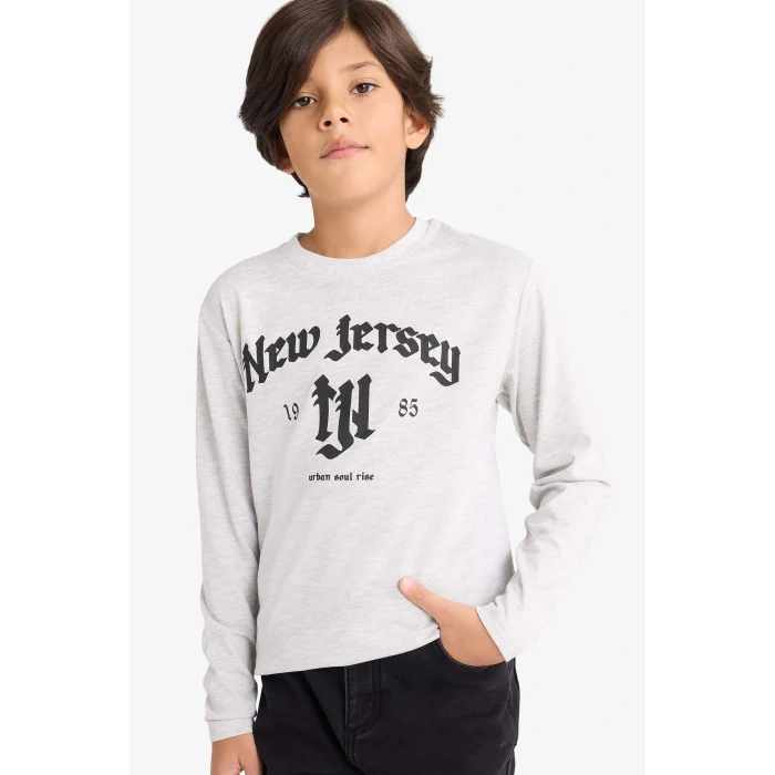 Defacto E9516A8GR400 Gri Erkek Çocuk Bisiklet Yaka Baskılı Uzun Kollu Tişört