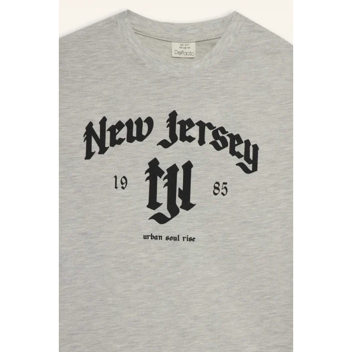 Defacto E9516A8GR400 Gri Erkek Çocuk Bisiklet Yaka Baskılı Uzun Kollu Tişört