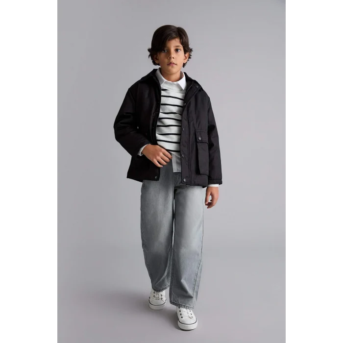 Defacto D5903A8BK27 Siyah Erkek Çocuk Polo Yaka Çıtçıtlı Mont