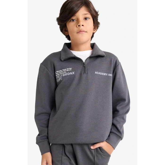 Defacto G3825A8AR104 Antrasit Erkek Çocuk 2li Takım Baskılı Yarım Fermuarlı Sweatshirt Eşofman Altı