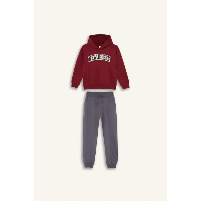 Defacto G3658A8BR285 Bordo Erkek Çocuk 2li Takım Kapüşonlu Baskılı Sweatshirt Eşofman Altı