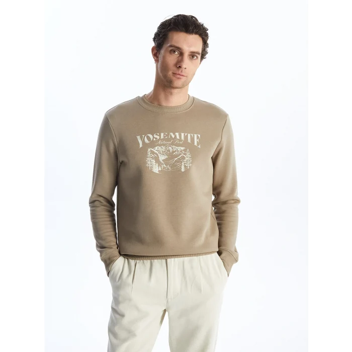 LCWAIKIKI Classic Bej Bisiklet Yaka Baskılı Erkek Kalın Sweatshirt