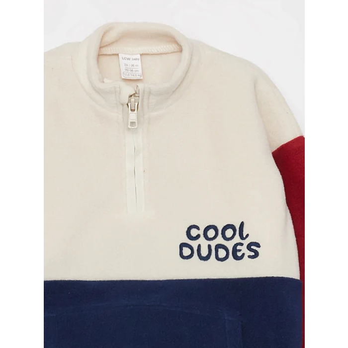 LCW baby Bej Dik Yaka Uzun Kollu Renk Bloklu Polar Erkek Bebek Sweatshirt ve Eşofman Alt 2li Takım