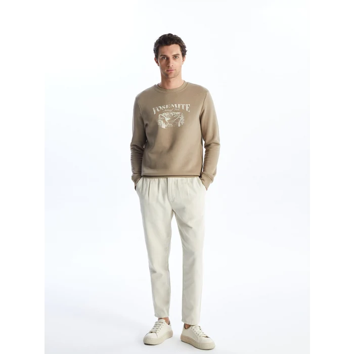 LCWAIKIKI Classic Bej Bisiklet Yaka Baskılı Erkek Kalın Sweatshirt