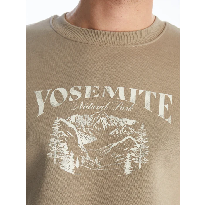 LCWAIKIKI Classic Bej Bisiklet Yaka Baskılı Erkek Kalın Sweatshirt