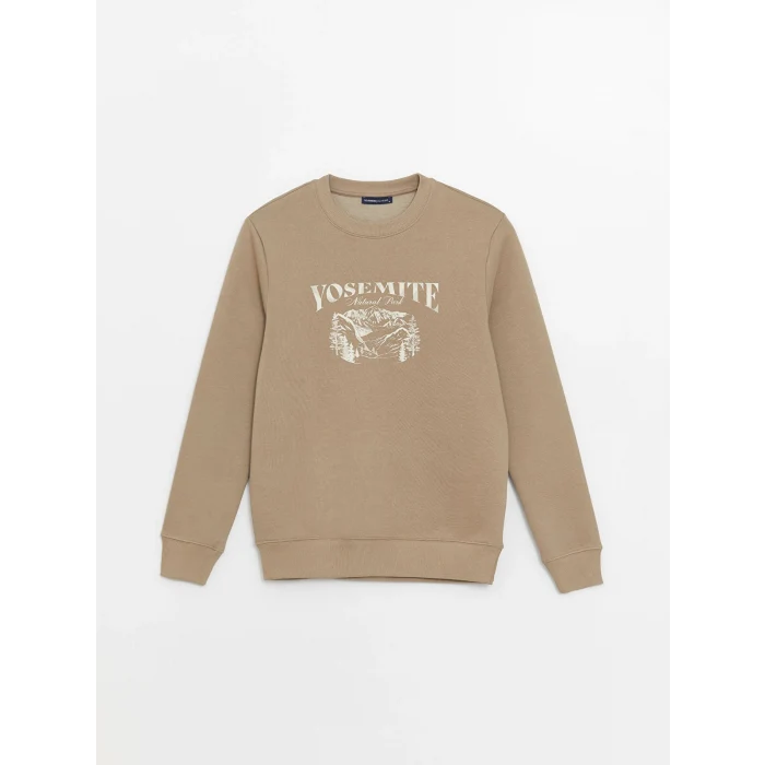 LCWAIKIKI Classic Bej Bisiklet Yaka Baskılı Erkek Kalın Sweatshirt