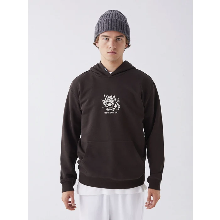 XSIDE Kahverengi Uzun Kollu Baskılı Erkek Kalın Hoodie