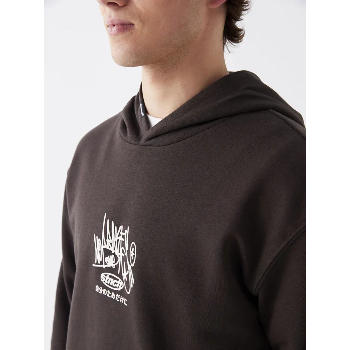 XSIDE Kahverengi Uzun Kollu Baskılı Erkek Kalın Hoodie