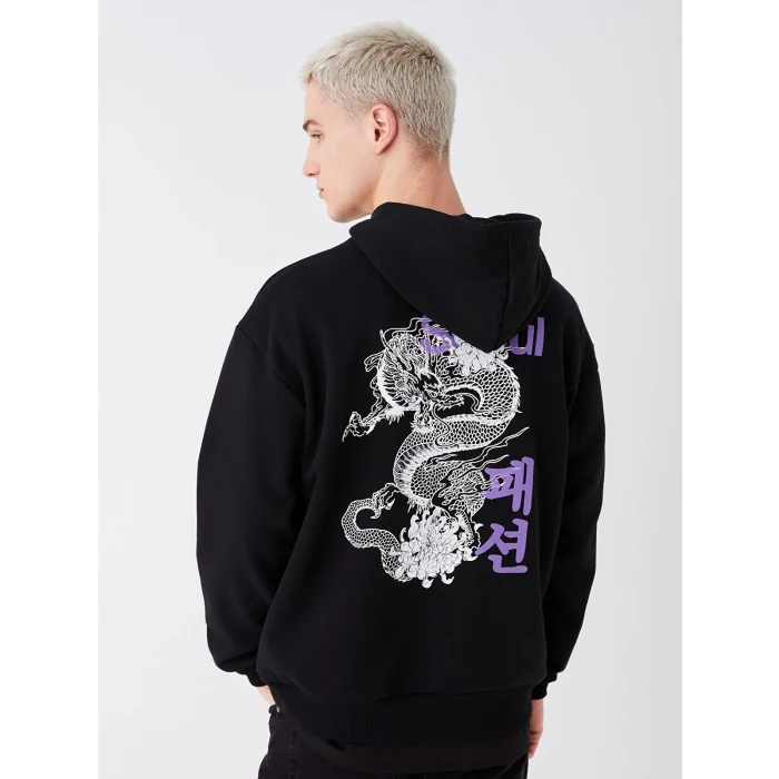 XSIDE Siyah Uzun Kollu Baskılı Erkek Kalın Hoodie