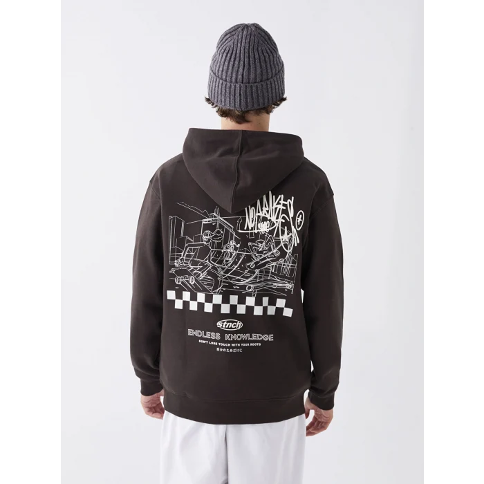 XSIDE Kahverengi Uzun Kollu Baskılı Erkek Kalın Hoodie