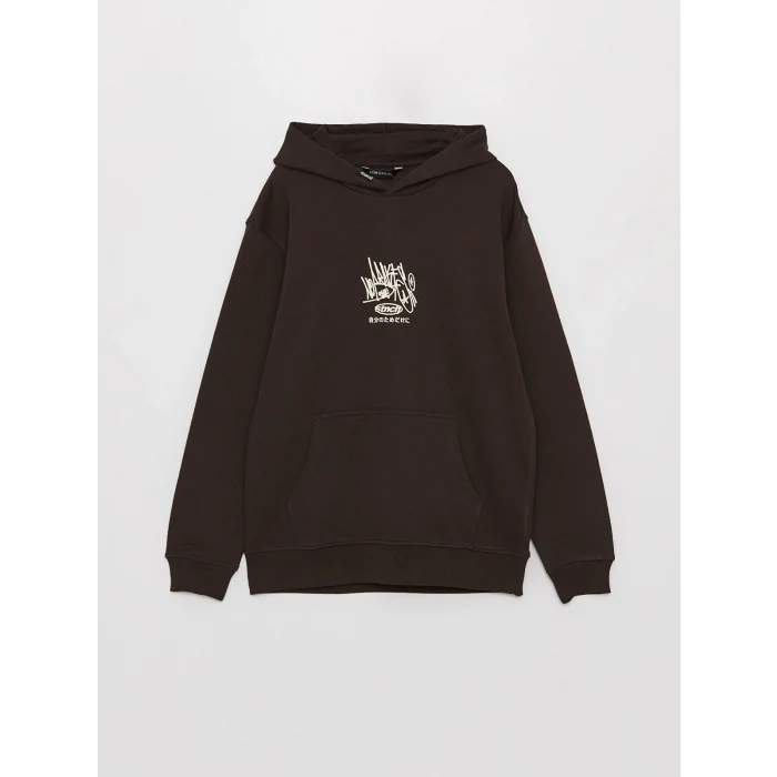 XSIDE Kahverengi Uzun Kollu Baskılı Erkek Kalın Hoodie