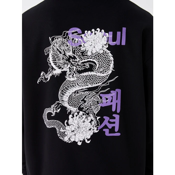 XSIDE Siyah Uzun Kollu Baskılı Erkek Kalın Hoodie