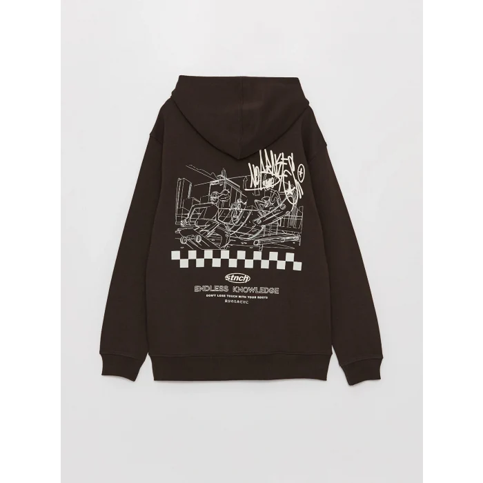 XSIDE Kahverengi Uzun Kollu Baskılı Erkek Kalın Hoodie